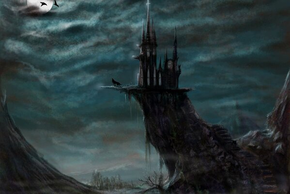 Dark castle on a rock under the moon