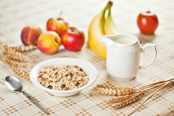 Oatmeal with fruit on the background