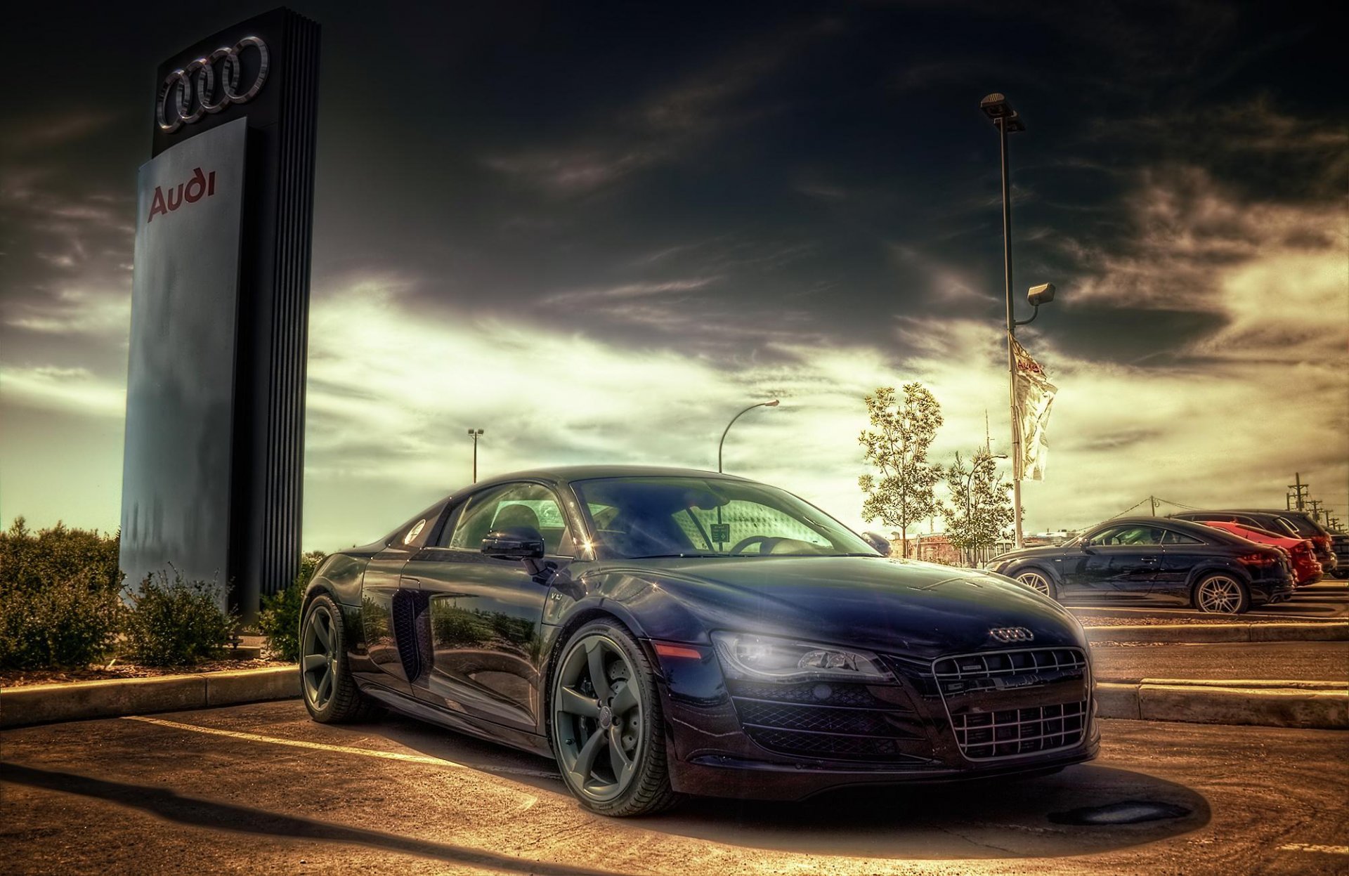 audi r8 tt a5 q7 czarny parking auto show niebo hdr