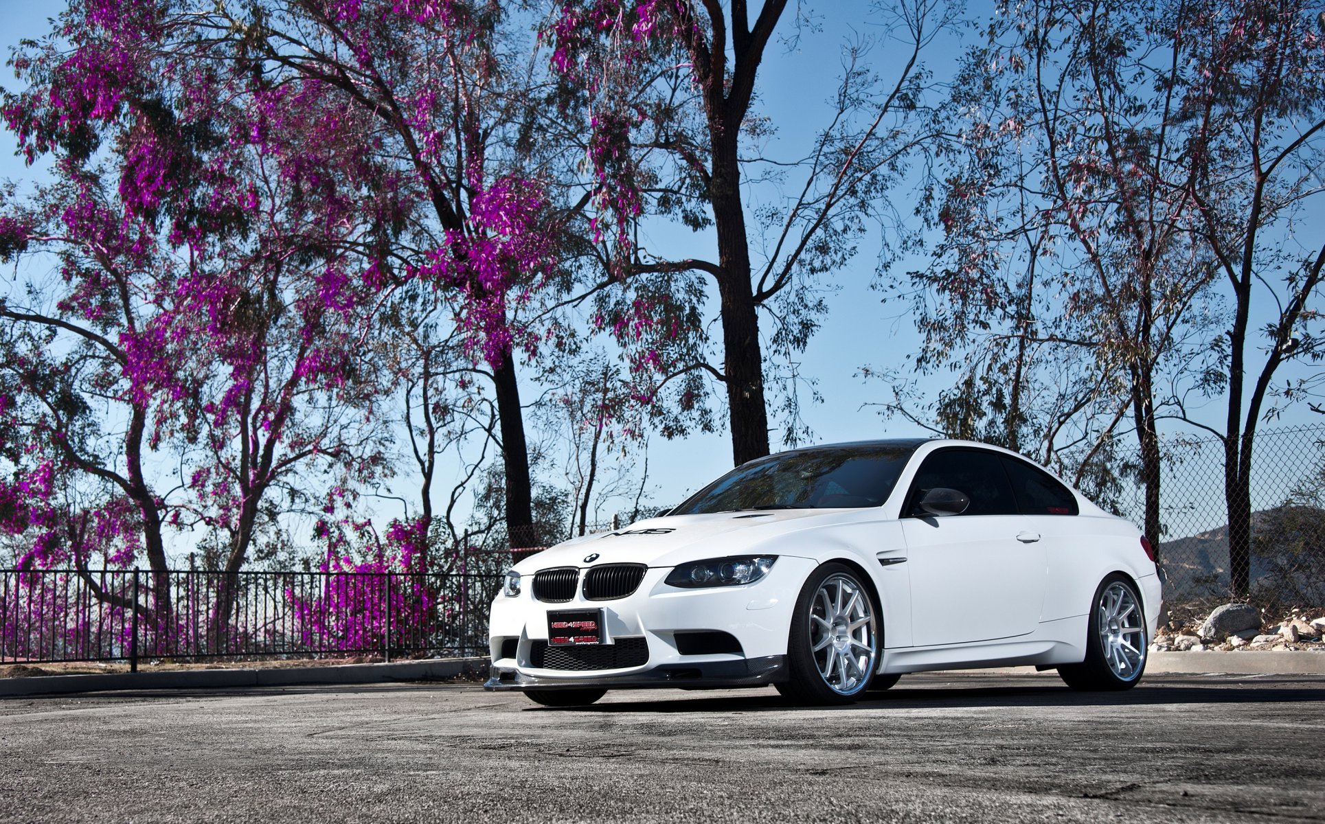 bmw m3 e92 blanc roues arbre bmw ciel feuilles violet