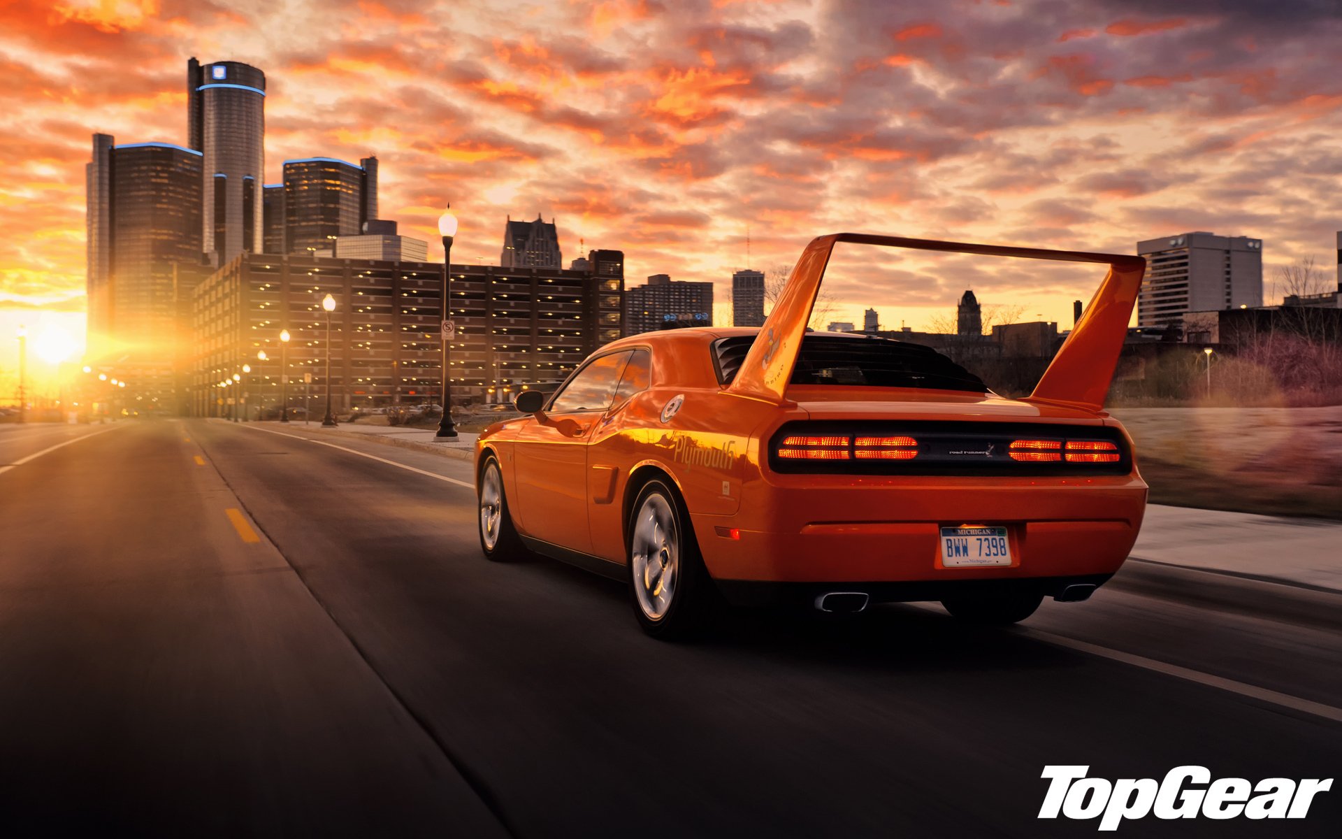 top gear top gear top gear the best TV show hes superbird dodge challenger rear view muscle car muscle car orange tuning lights spoiler wing road city sky sunset