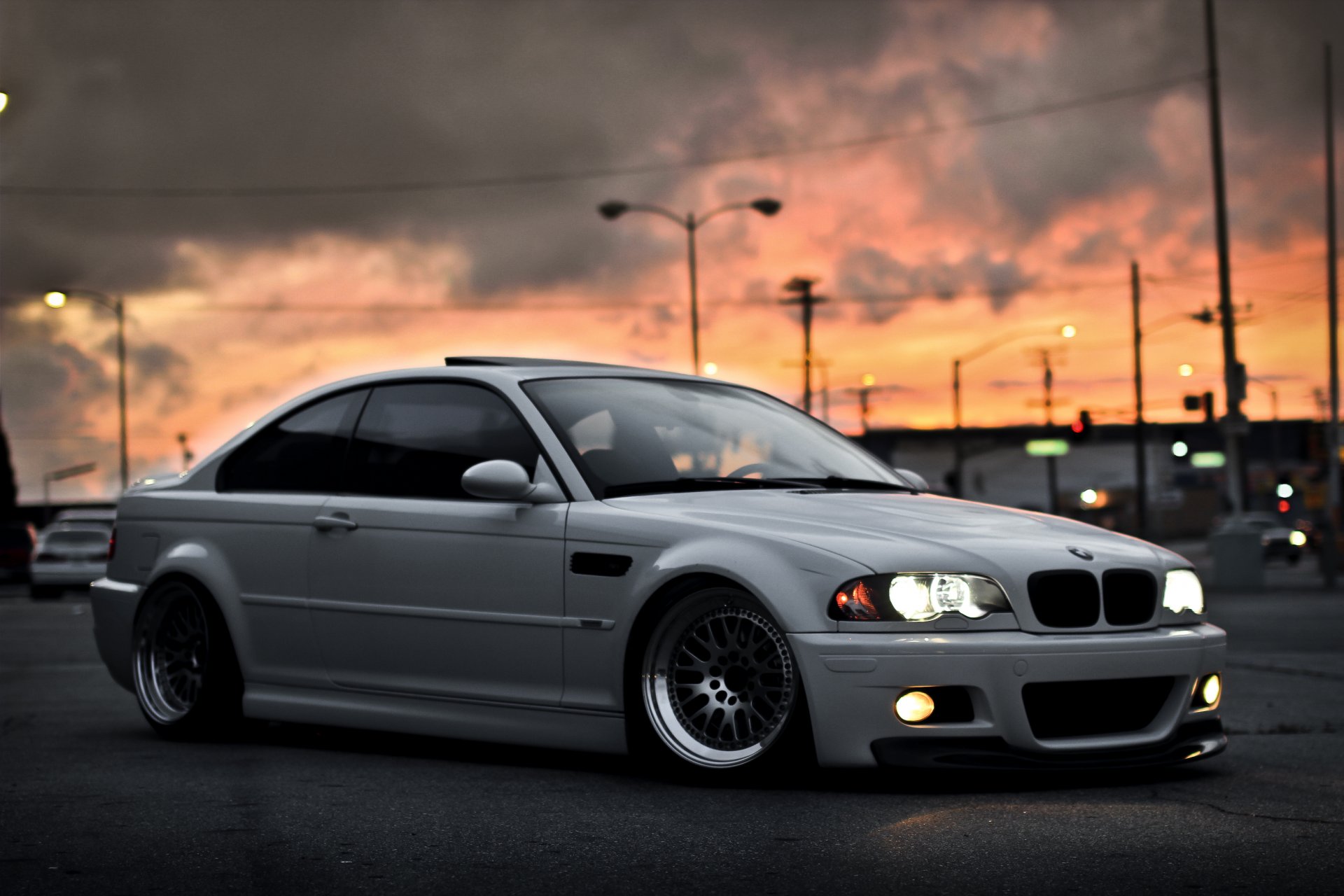 bmw m3 e46 blanco bmw ciudad cielo puesta del sol