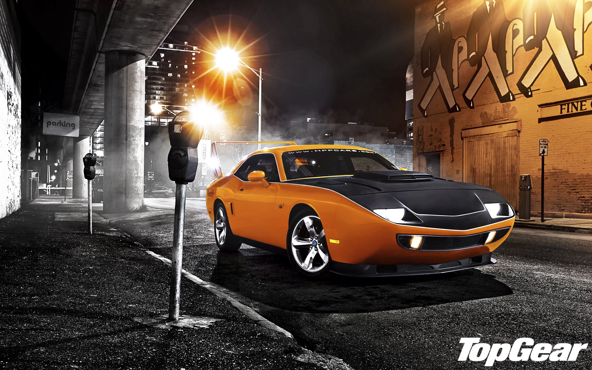 top gear top gear top gear the best TV show hes superbird dodge challenger front end muscle car muscle car orange tuning night street lantern