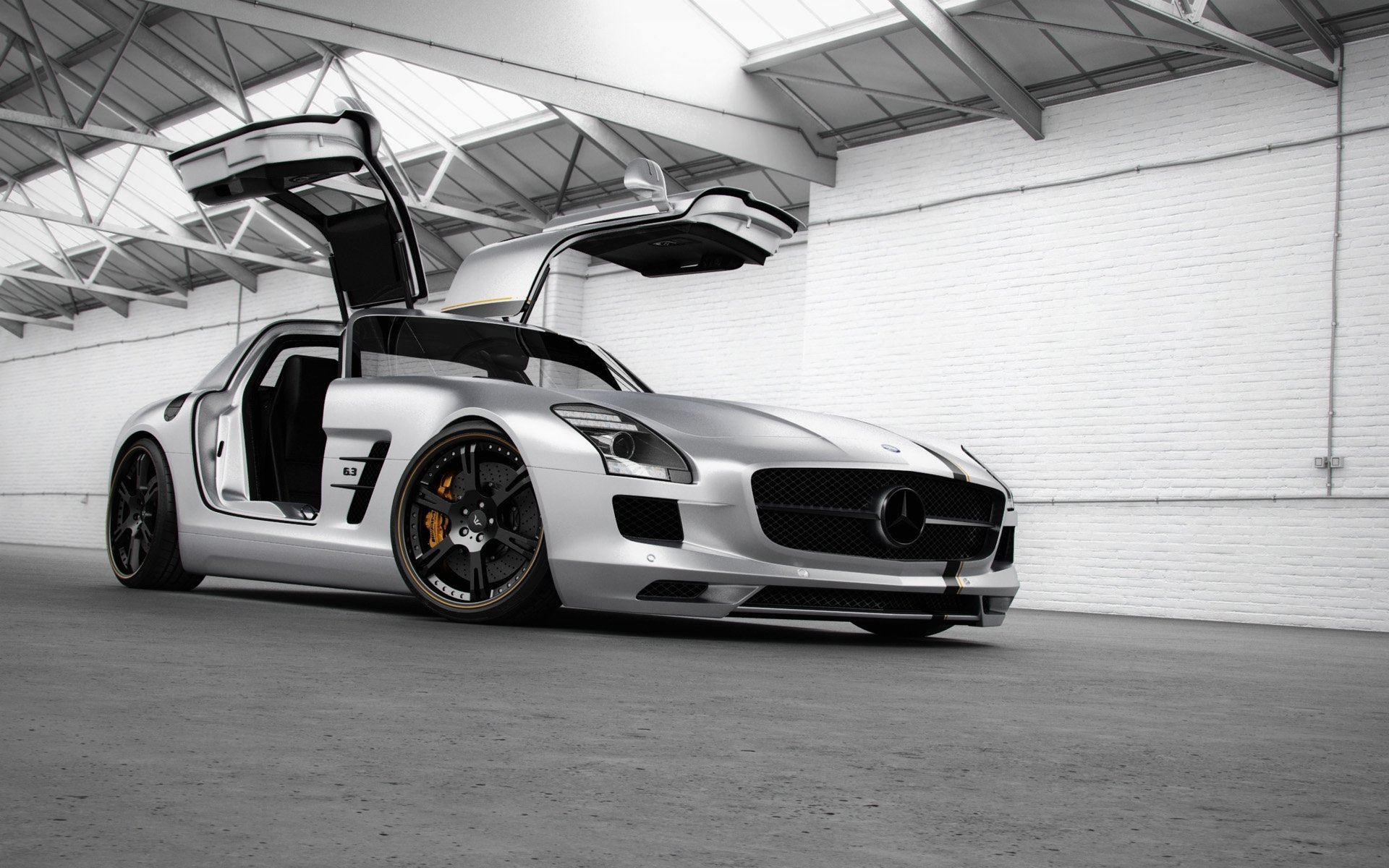 wheelsandmore mercedes-benz sls amg aile d argent mercedes sls amg supercar argent avant tuning portes ailes de mouette hangar fond d écran large