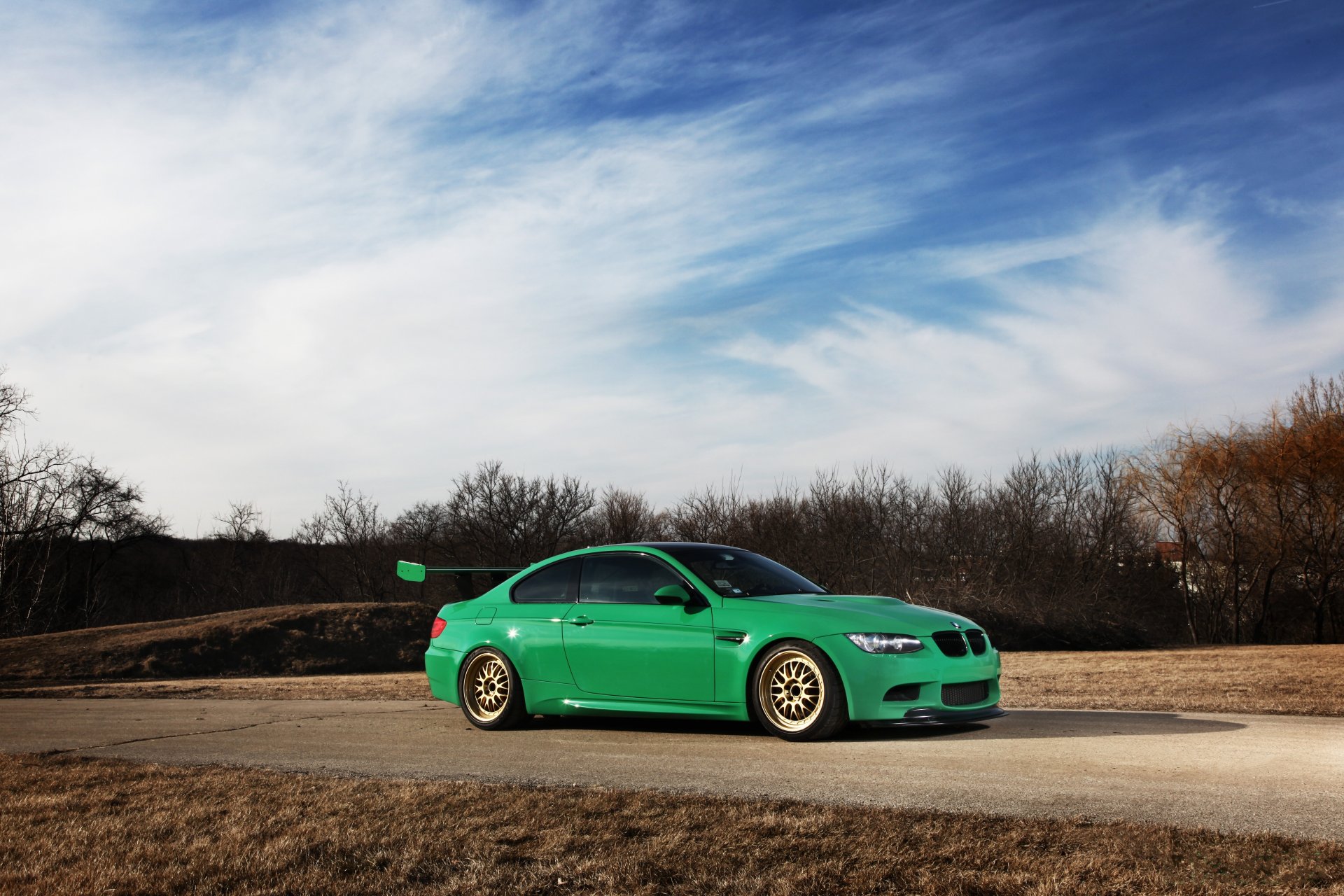 bmw m3 e92 bmw coupe wing road reflection glare wheels golden bbs trees sky cloud