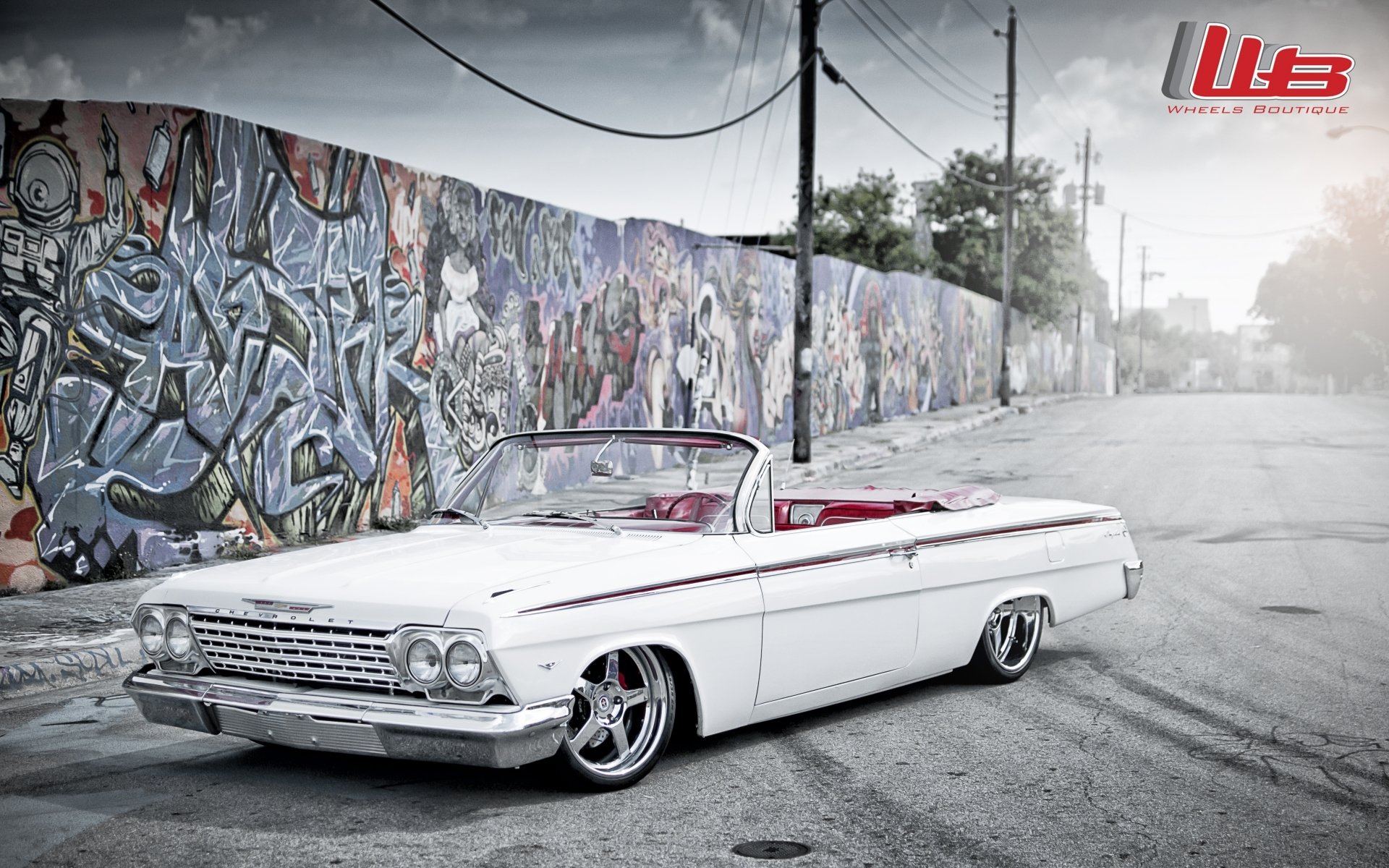 chevrolet impala chevrolet clásico frente tuning blanco llantas cromo pared.grafito logotipo