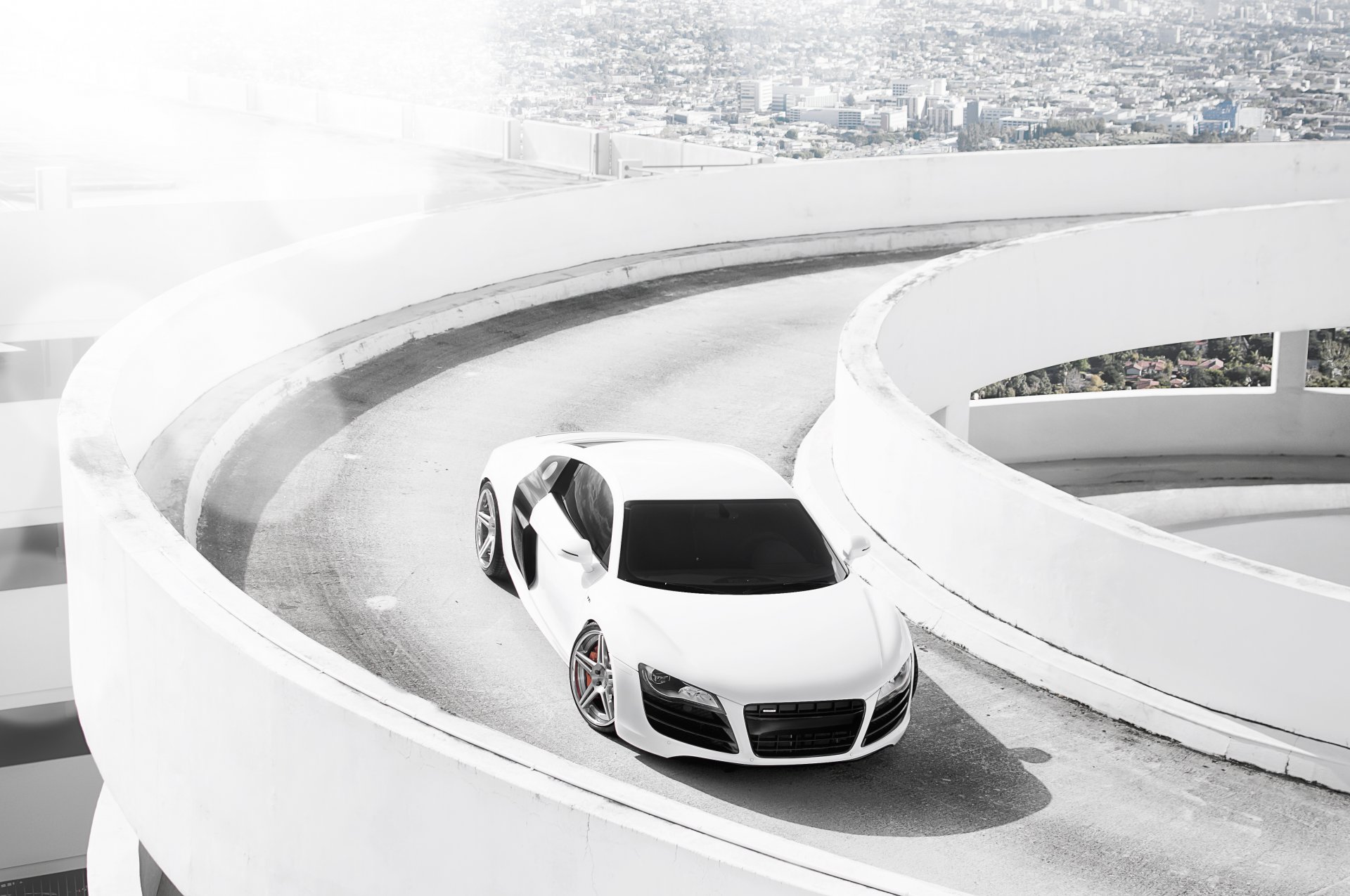 audi r8 white audi parking city glare