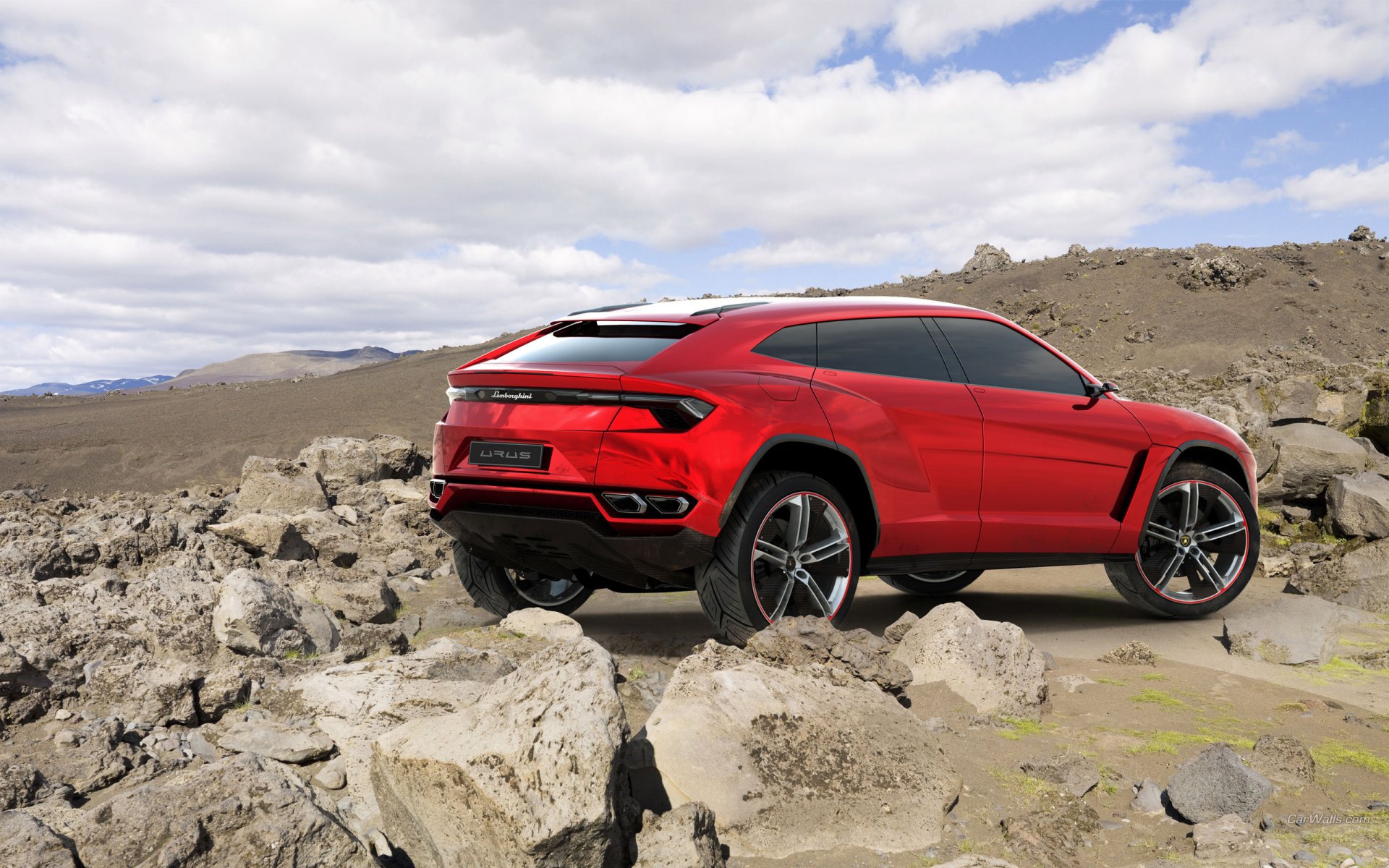 lamborghini urus concepto lamborghini concepto jeep rojo vista trasera piedras cielo