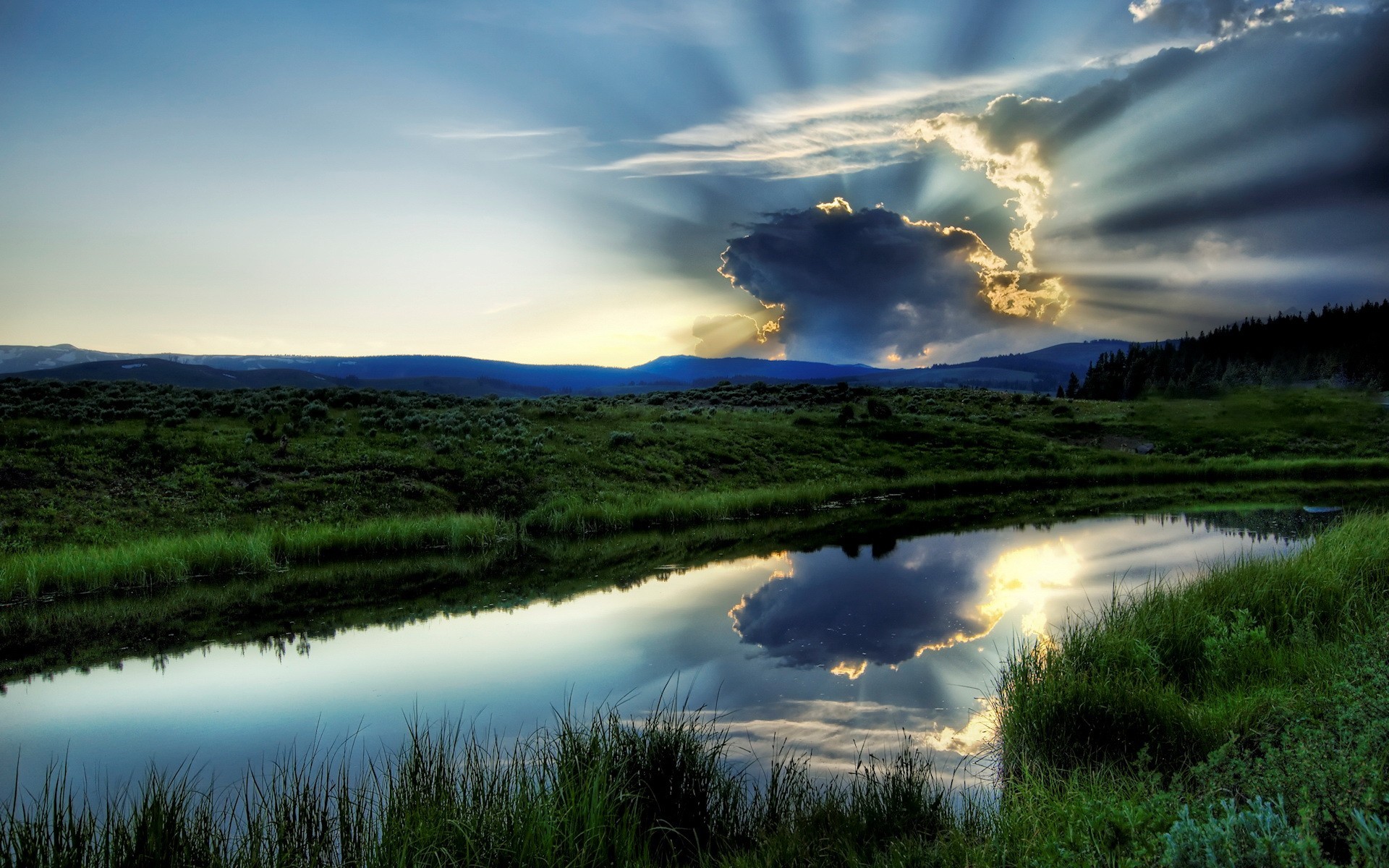 fluss see wasser grün himmel landschaft