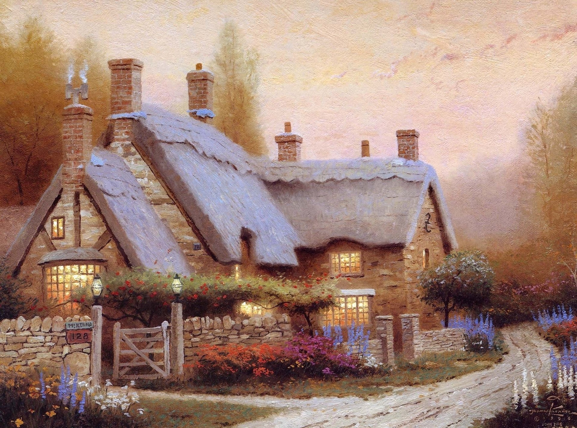 blumen malerei häuschen häuschen thomas kinkade sommer kinkade