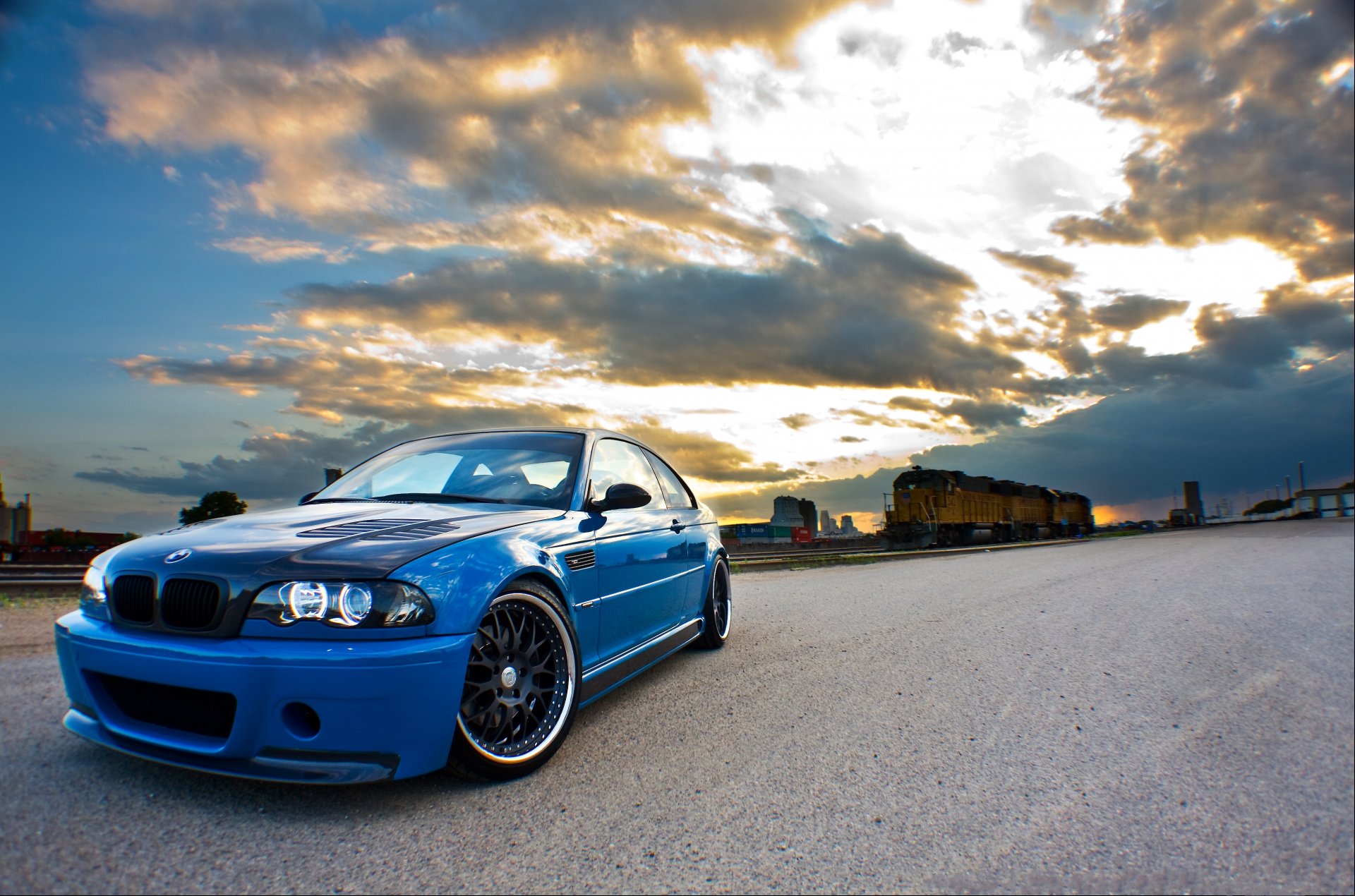 bmw m3 e46 azul cielo ferrocarril nubes bmw ferrocarril carretera tren