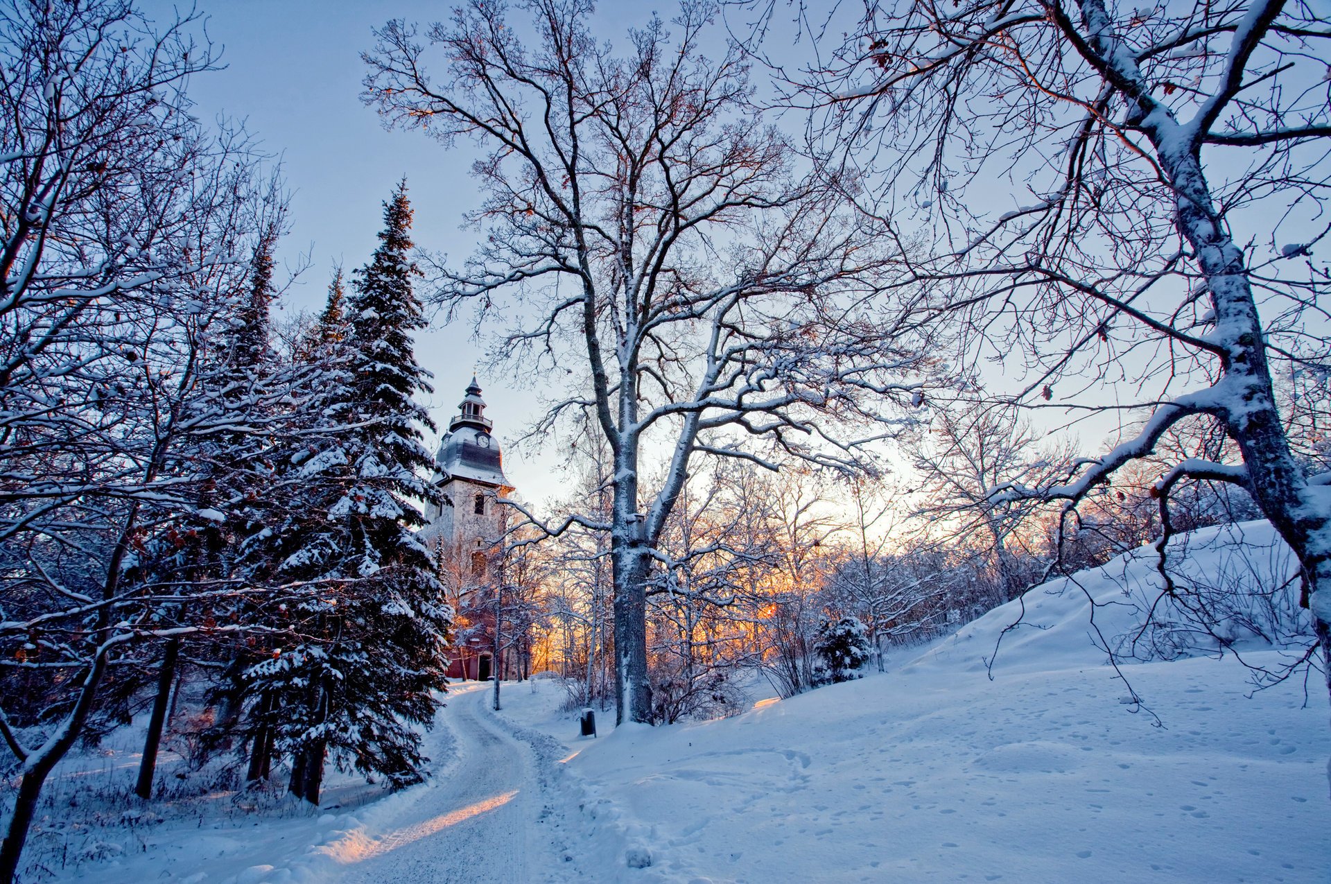 nature snow light winter trees church