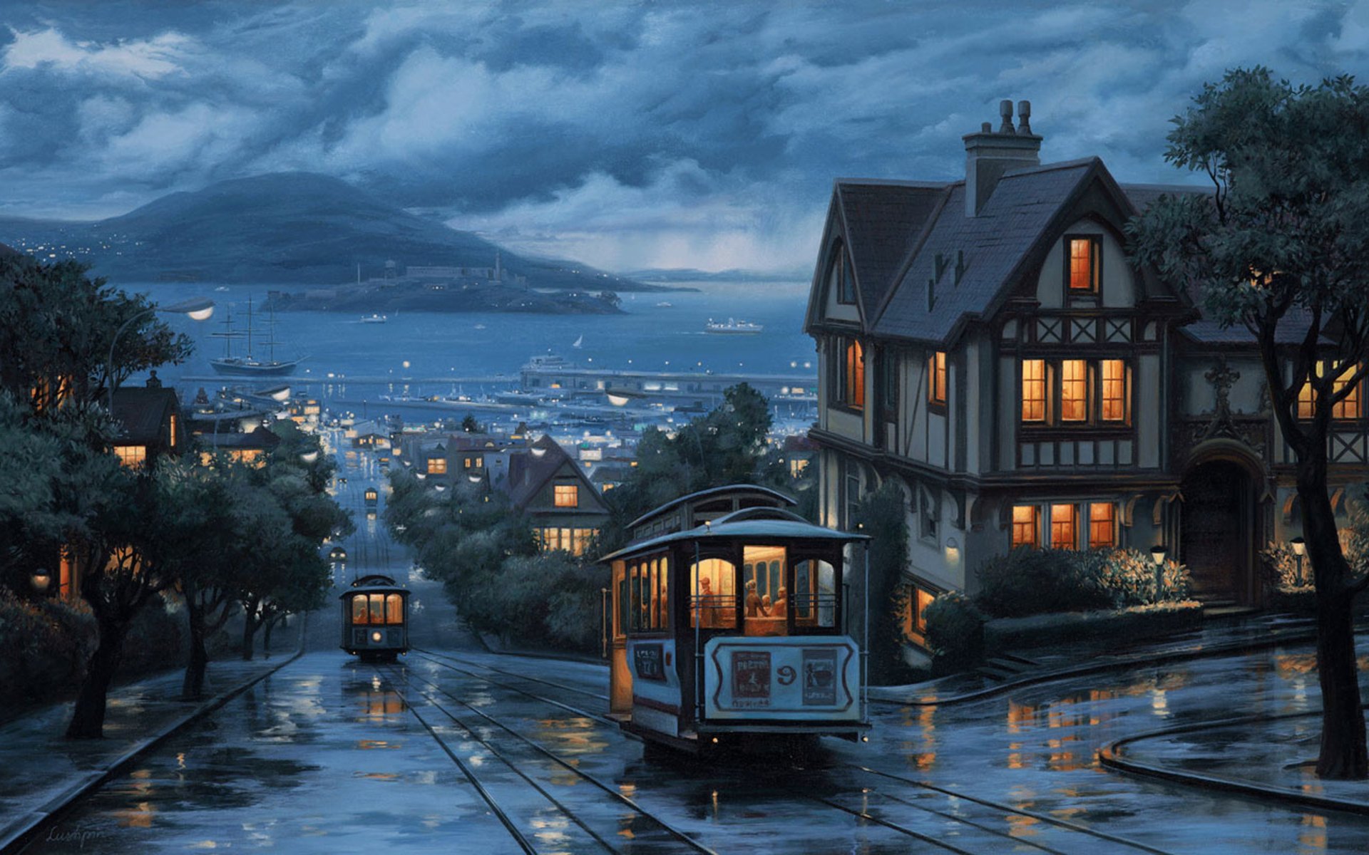 painting port evening journey the city street evgeny lushpin lushpin landscape in the evening