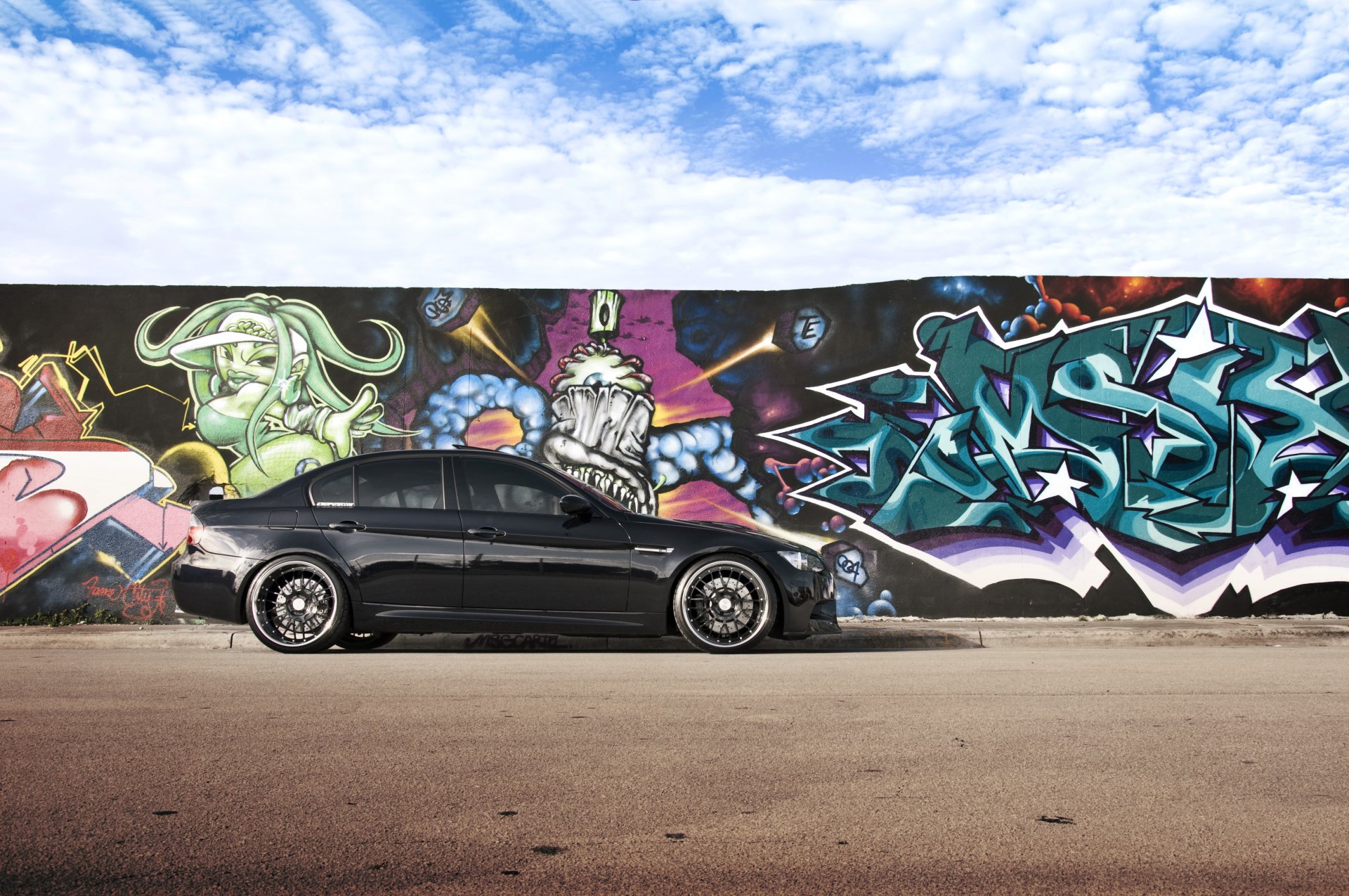 bmw m3 e90 black bmw graffiti sky cloud