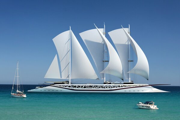 Yacht blanc avec des bateaux au milieu de la mer sans fin