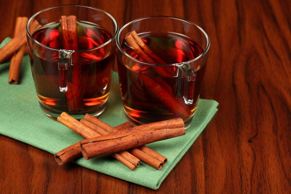 Cinnamon in a glass of tea on the table