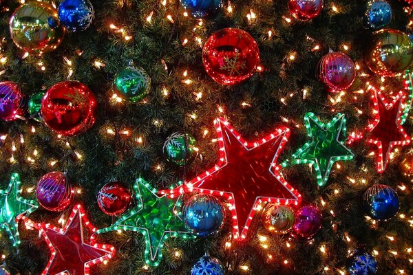 Christmas decorations, stars and balls, garlands