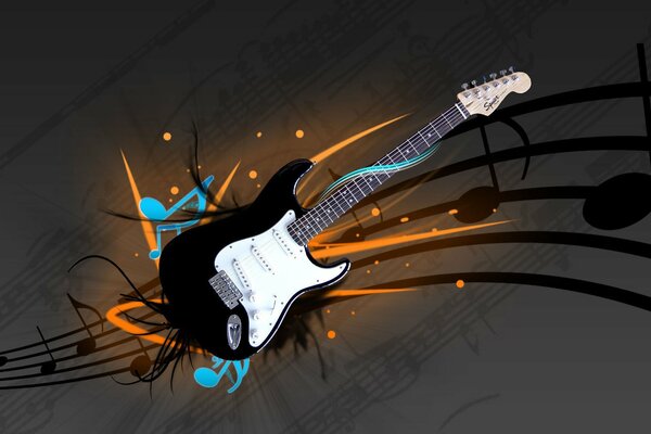 Drawing of an electric guitar on a background of notes