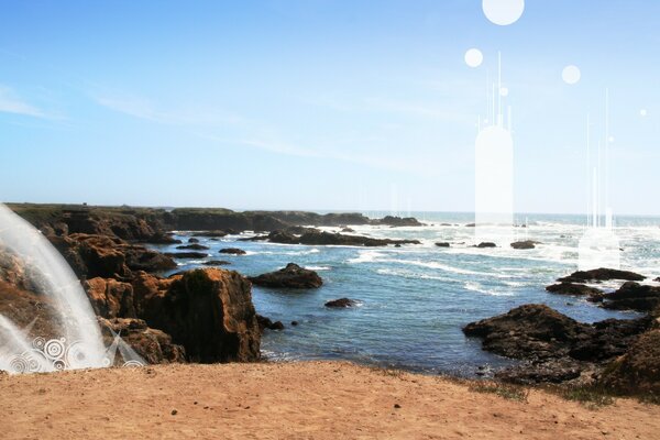 Sea. Sandy beach. Rocks