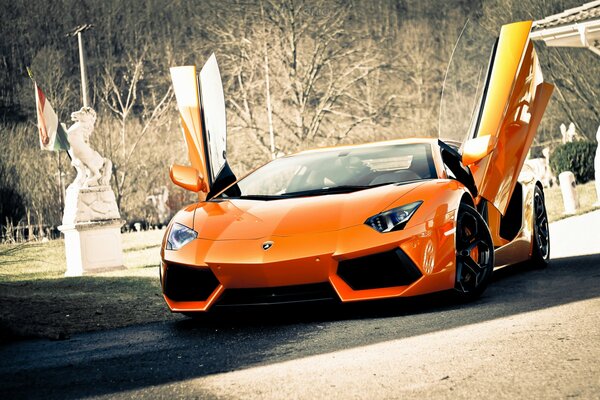 Coche Lamborghini naranja con puertas abiertas en la carretera