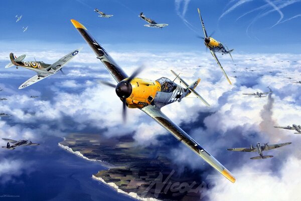 A group of messerschmit fighters in the sky