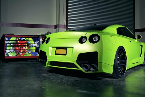 Matte, light green Nissan GT-R - devil, with new tuning, in the garage