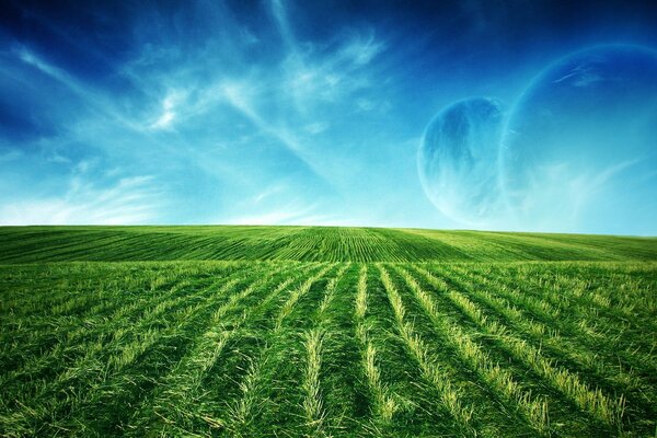 Fantastic landscape with two moons and a green field