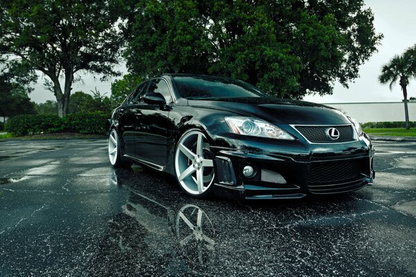 A black Lexus is standing on wet asphalt