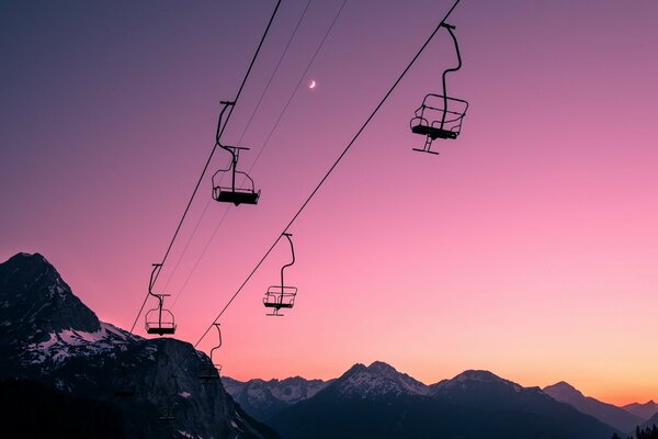 Cable car in the evening at sunset