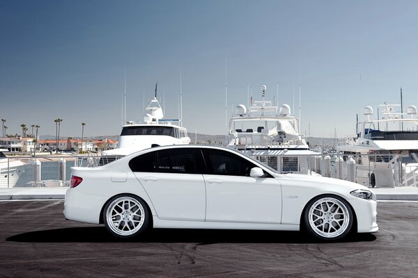 White bmw near the pier with yachts