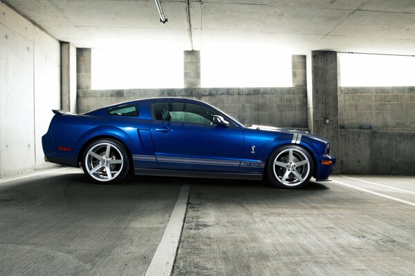 Blauer Mustang Gt500 auf dem Parkplatz