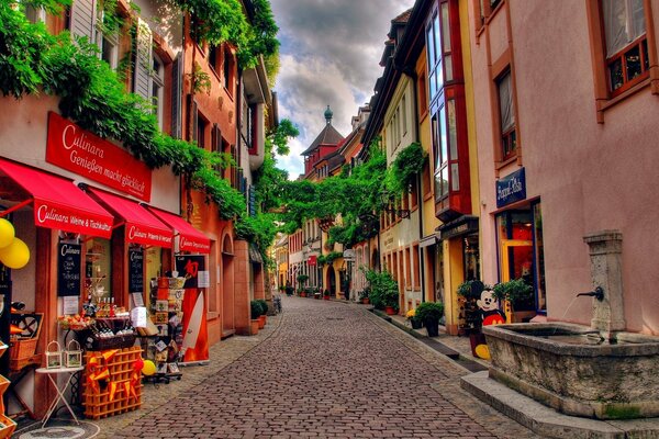 A street in Switzerland with cobblestone pavement, shops and a fountain