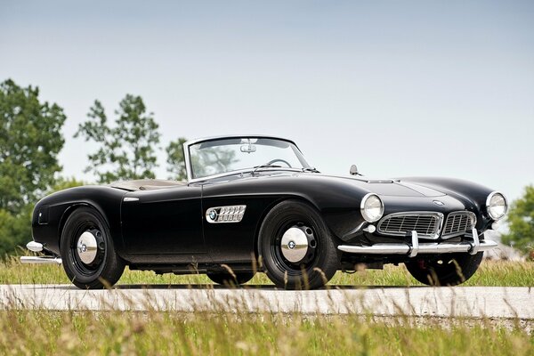 A 1957 black convertible in nature