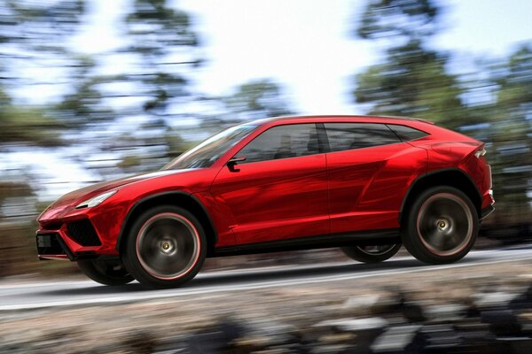 Lamborghini Jeep in motion on a forest road