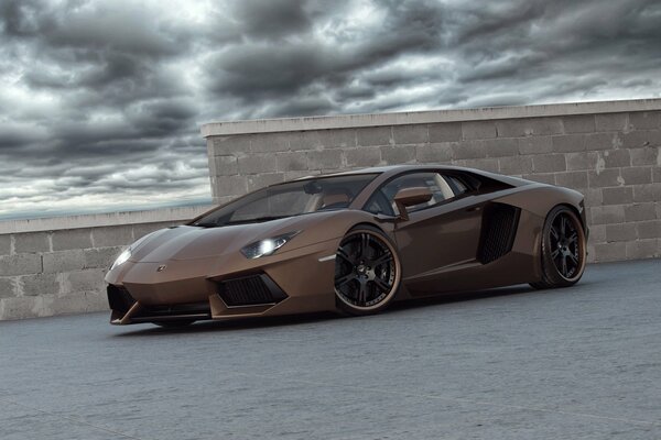 Supercar Lamborghini moderne et nuages gris