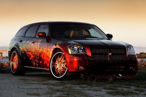 Red Dodge with flames