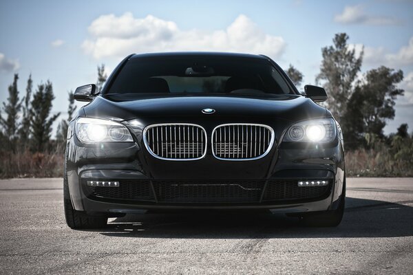 Black bmw 7 Series with burning headlights in nature