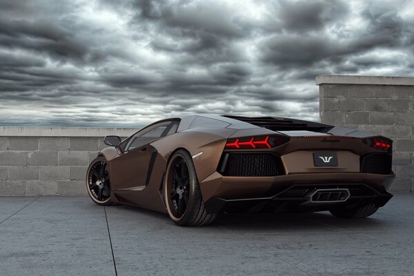 Lamborghini on the roof of the house in bad weather