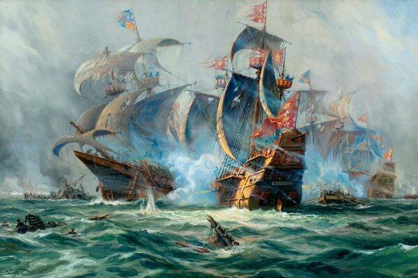 Peinture où la bataille des navires est peinte