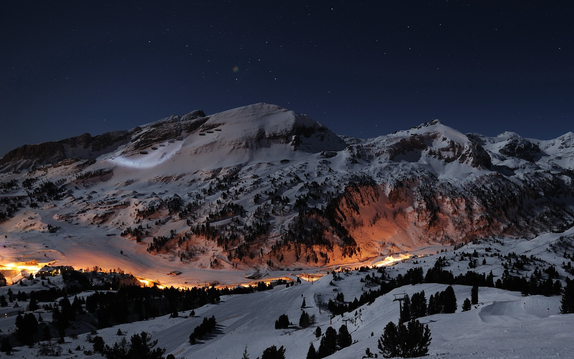 montañas nieve noche estrellas