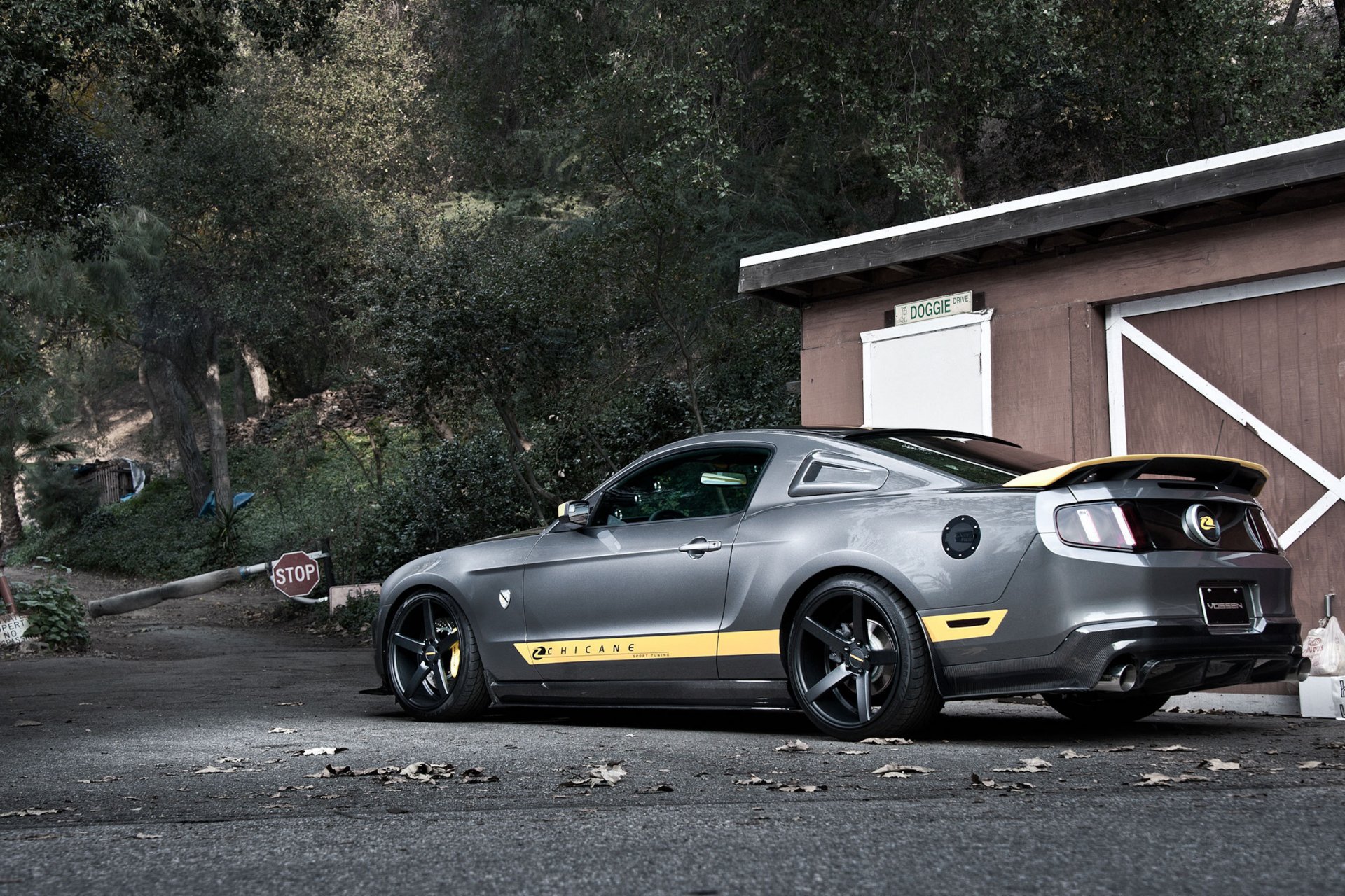 ford mustang gt plata plata muscle car parte trasera señal de tráfico parada árboles carretera bosque