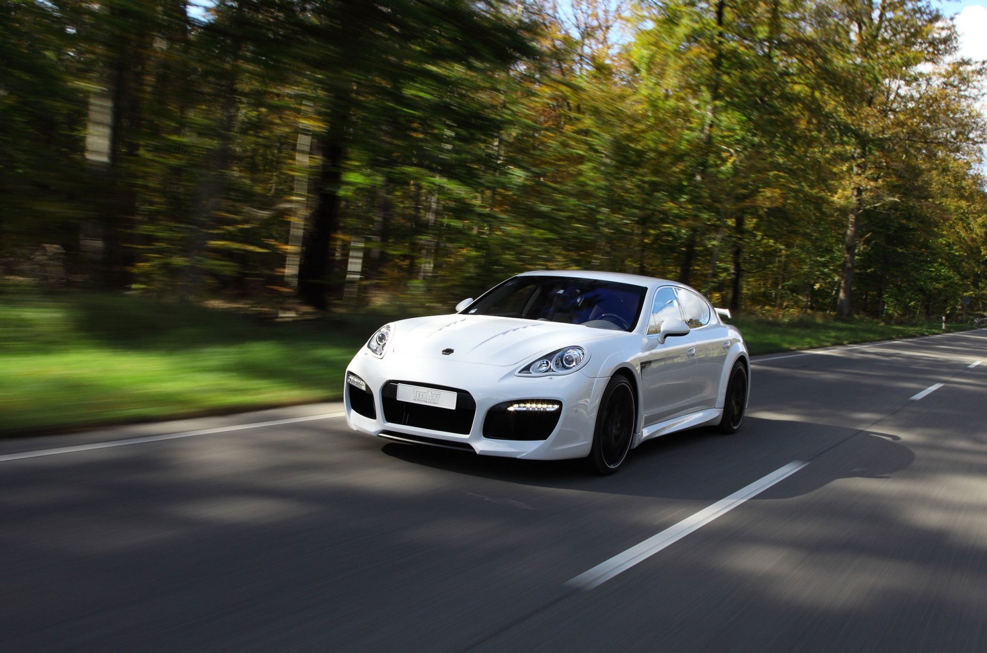 tree road white speed porsche