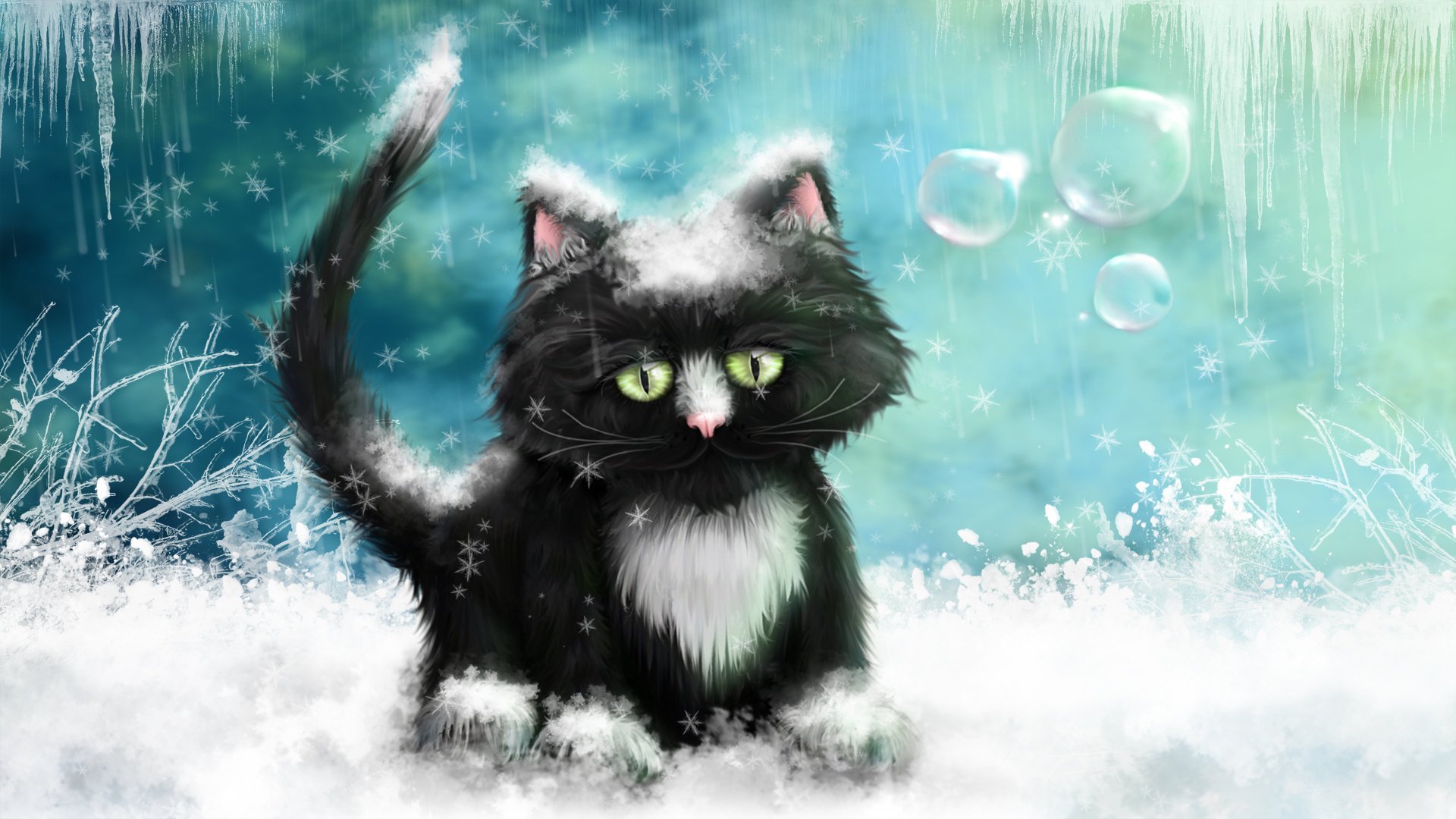 gelées chat glace hiver peinture dessin neige glaçons