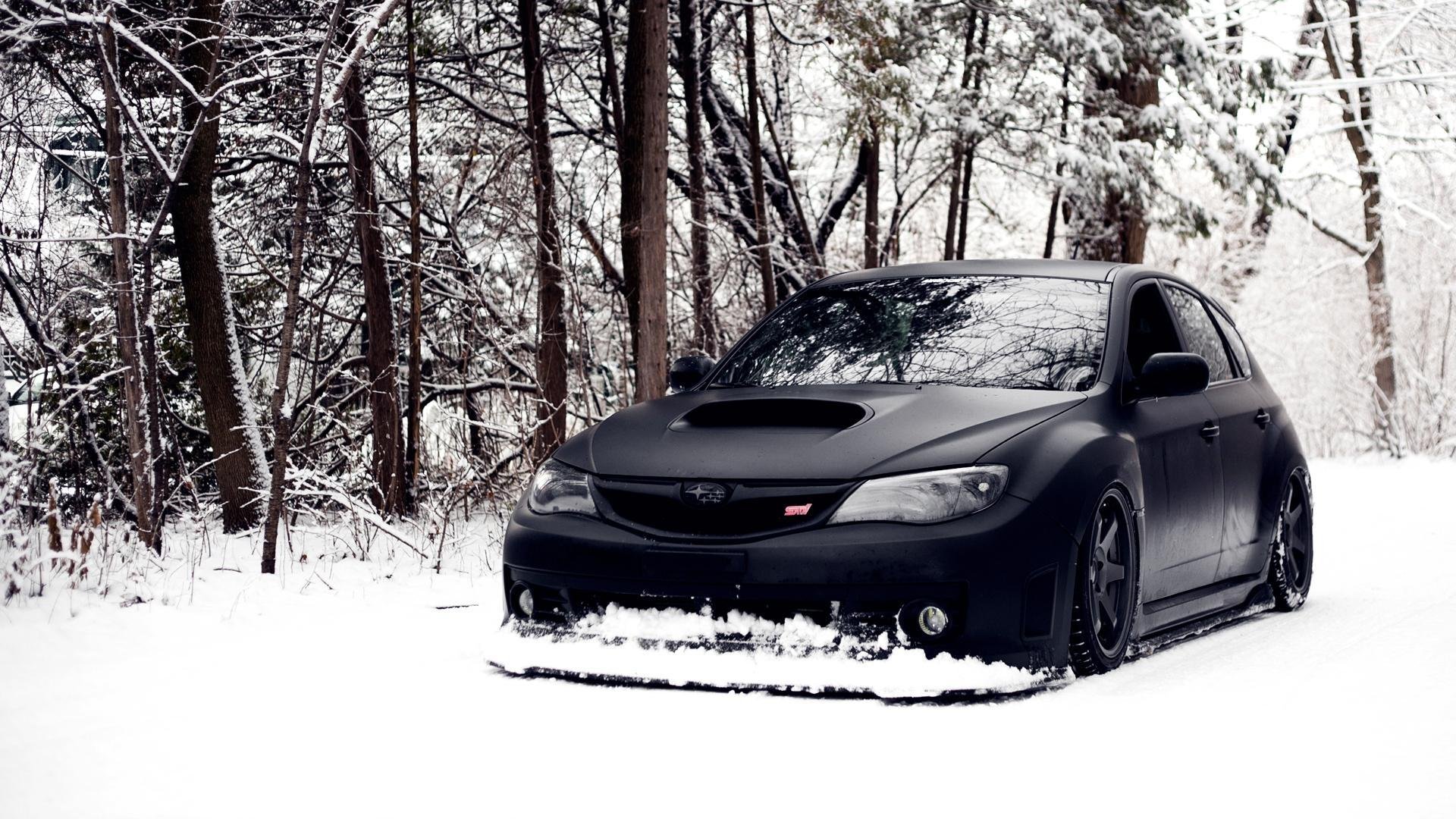 ubaru impreza wrx-sti snow winter tuning black car jdm hellaflush subaru winter cars wallpaper desktop wallpaper matte color full black car stands winter forest low suspension wheelbarrow auto