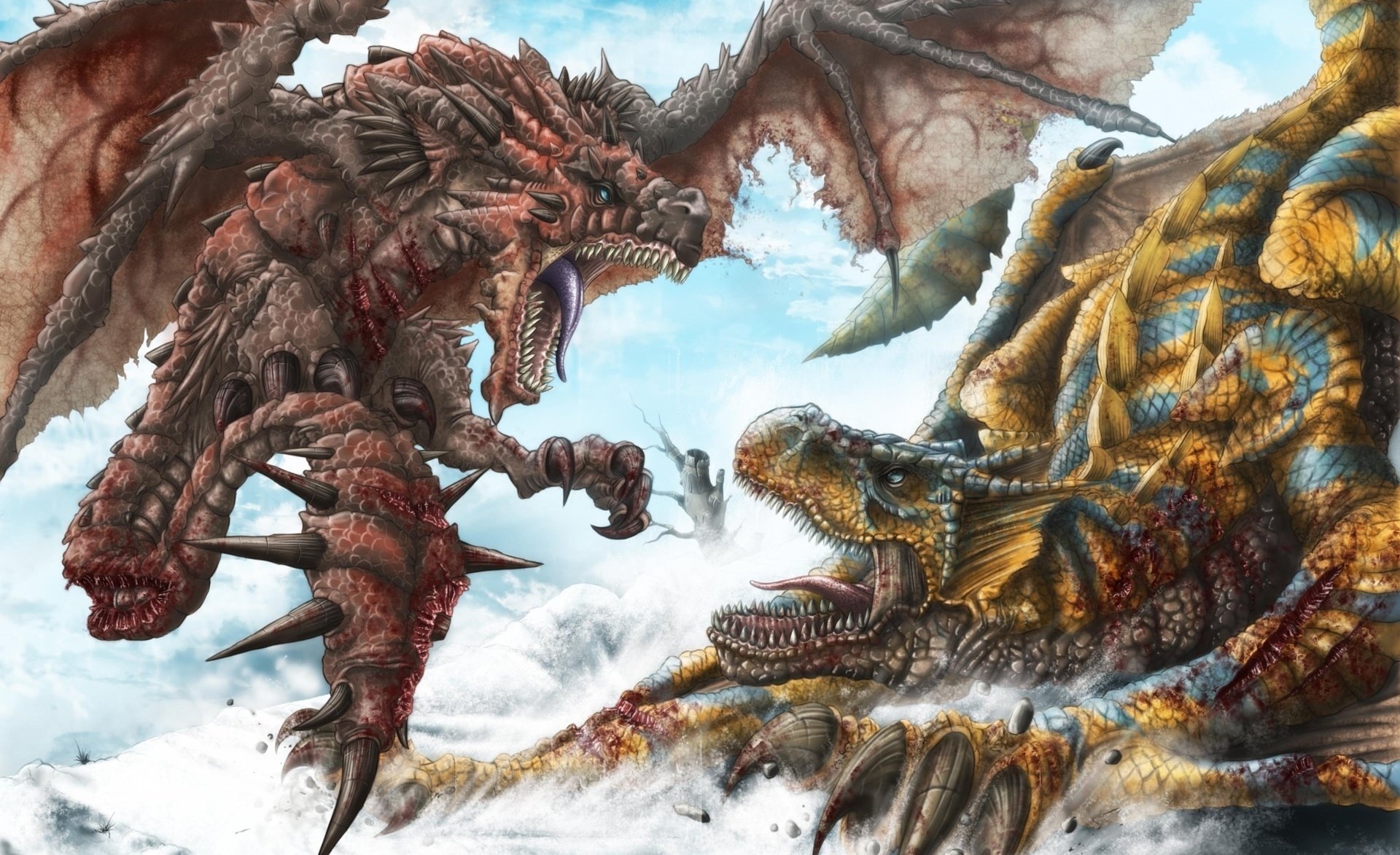 art dragons snow blood spikes battle wounds mouth