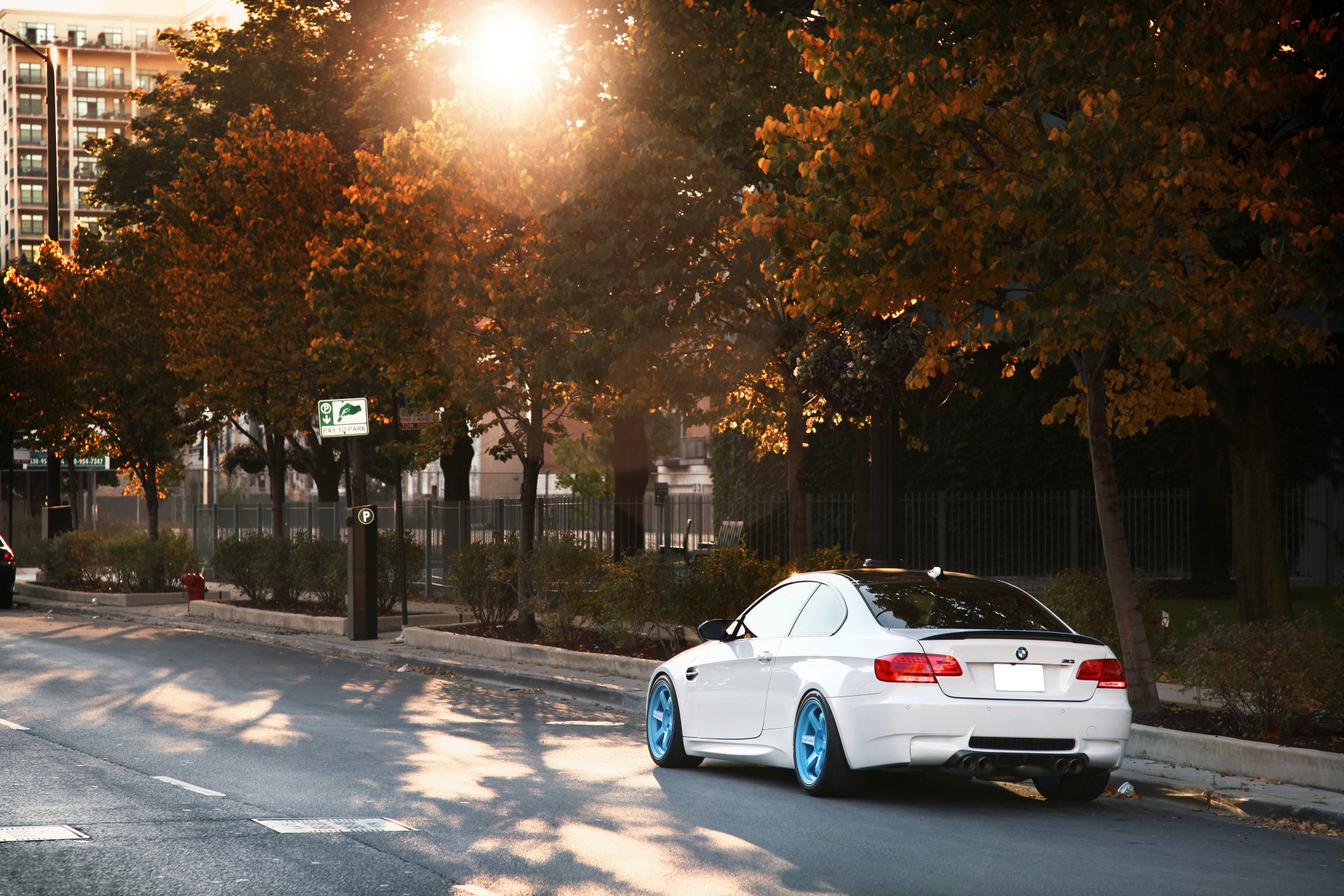 bmw m3 e92 blanc ind bmw automne. soleil éblouissement