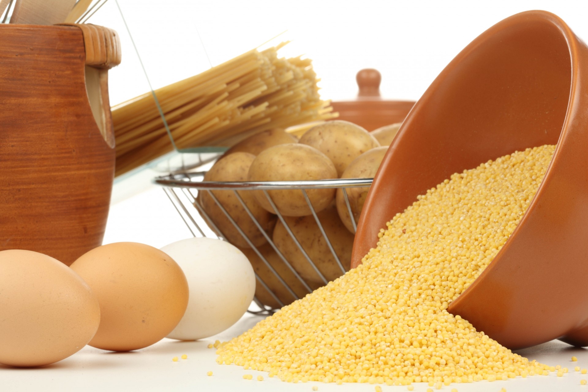 potatoes food porridge white background spaghetti table cereals egg