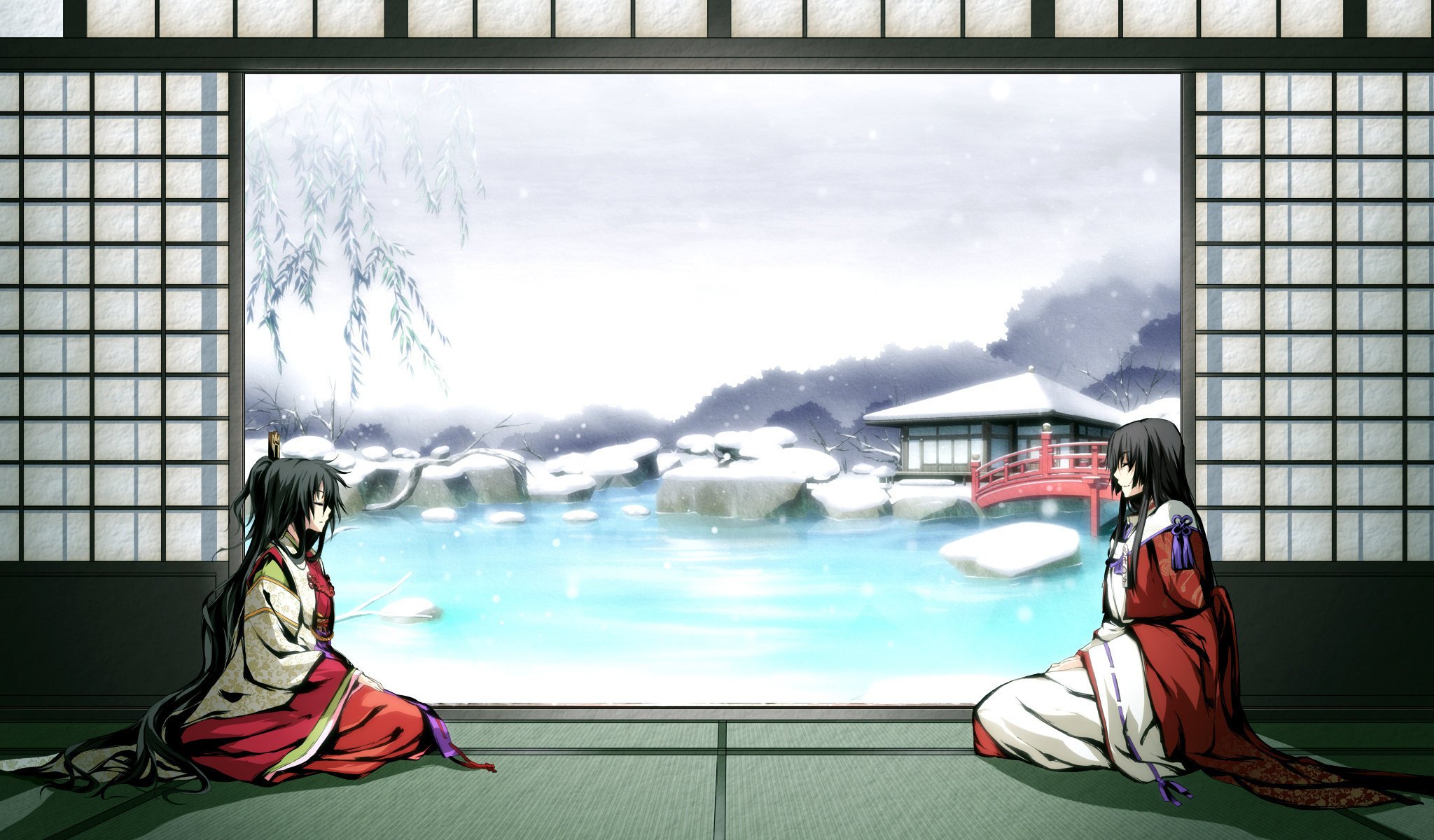 g yuusuke bridge game pond girls snow kimono winter