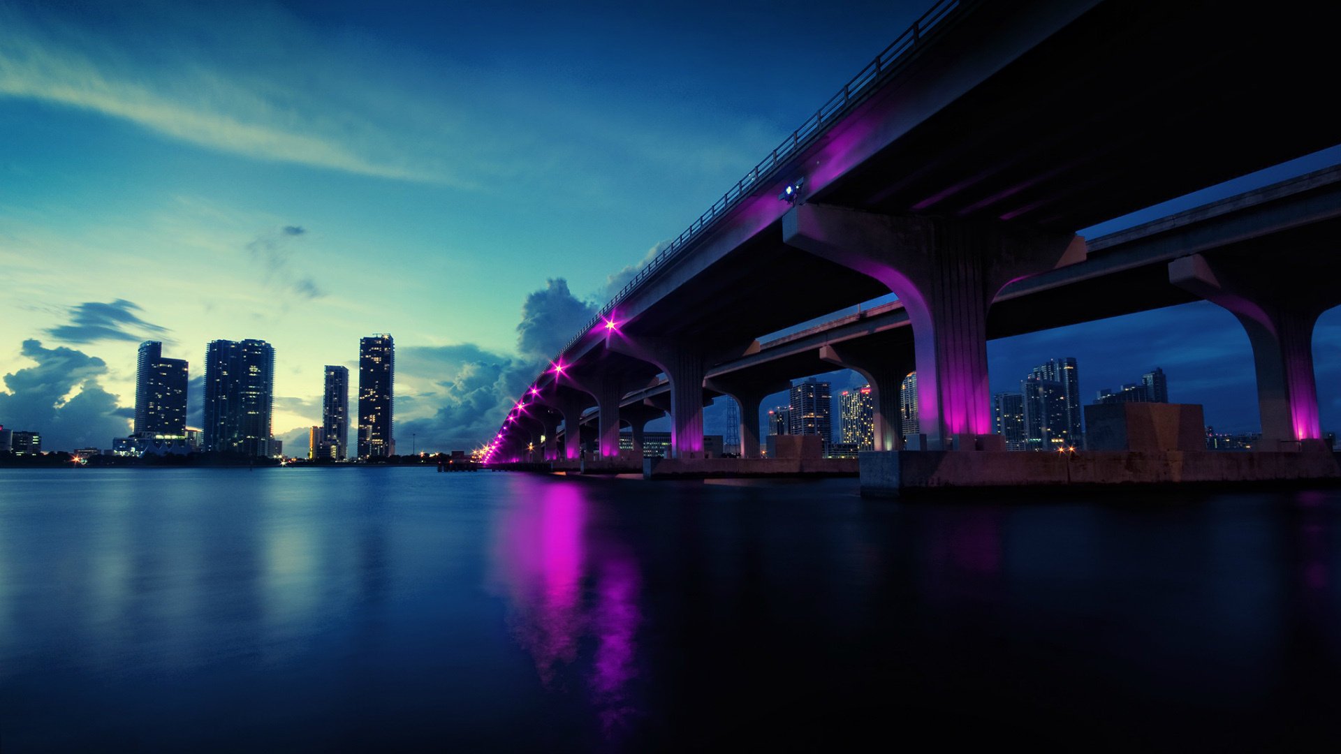 lights usa bridge the evening river skyscrapers fl