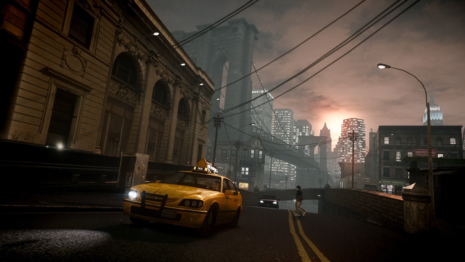 taxi grand theft auto iv new york pont soirée pluie coucher de soleil